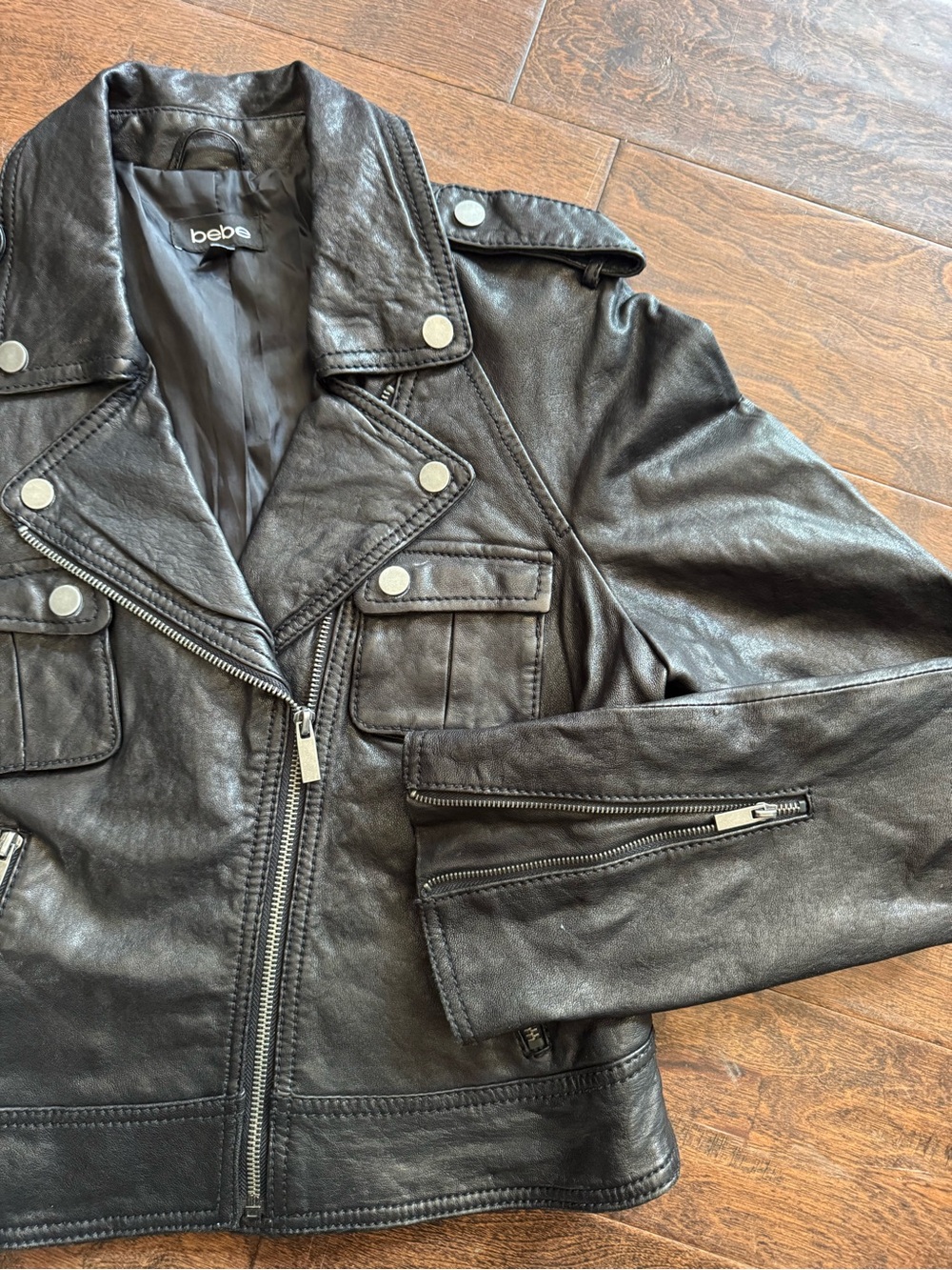 BEBE Black Genuine Leather Moto Jacket Biker Y2K